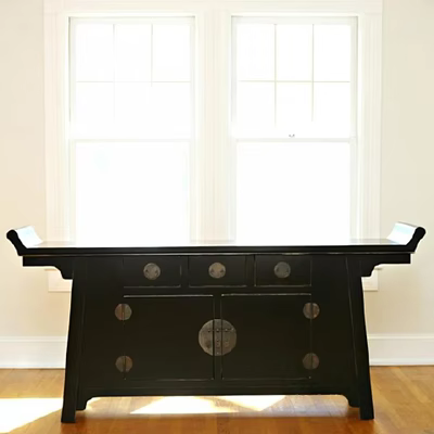 Black Entryway Console Cabinet with Circular Knobs Drawers and Doors by Window with Natural Light 3d model
