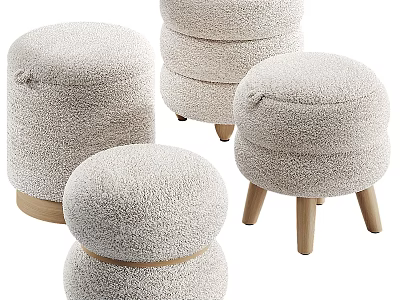 Modern Cozy Beige Round Shoe Stools With Soft Plush Fabric And Wooden Legs 3d model