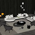 Modern Living Room Sofa Coffee Table Set With White Sofa Black Table Armchairs And Plants