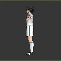 Young Boy In White Sports Uniform With Yellow Logo Standing Arms Outstretched On Gray Background