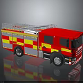 Red Fire Truck with Yellow and Red Stripes Equipped with Ladder on Top 3D Rendering