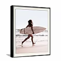 Figure Painting of Woman Carrying Surfboard Walking Along Beach with Rolling Waves