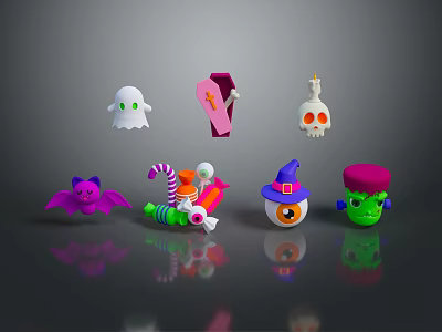 Halloween Themed Decorative Items Featuring Ghost Coffin Bat Skull And Monster Figurines 3d model