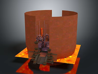 Cartoon Scene Featuring Circular Castle With Lava Base and Characters On Stone Platforms 3d model