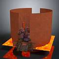 Cartoon Scene Featuring Circular Castle With Lava Base and Characters On Stone Platforms 3d model