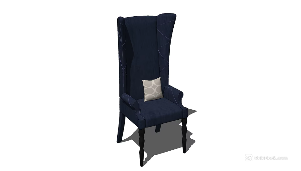 Navy Blue High Back Single Seater Sofa With Geometric Pattern Cushion And Dark Legs 3d model