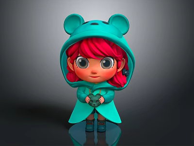 Cute Cartoon Girl Red Hair Big Eyes Holding Little Creature In Green Bear Ear Hoodie 3d model
