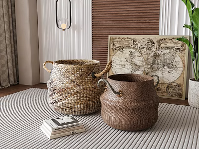 Wicker Storage Baskets In Cozy Living Room Setup 3d model