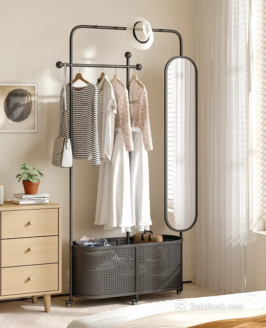 Stylish Hanging Clothes On Metal Rack With Mirror Dresser And Potted Plant 3d model 