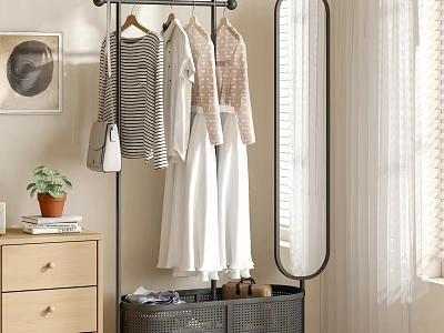 Stylish Hanging Clothes On Metal Rack With Mirror Dresser And Potted Plant 3d model
