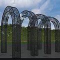 Outdoor Metal Arched Pergola With Intricate Patterns And Green Trees Background
