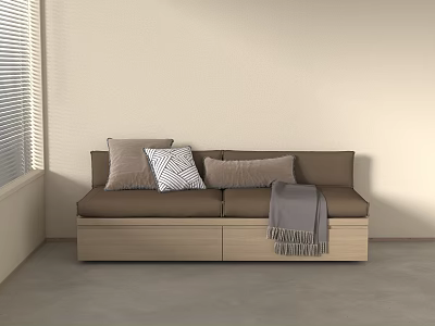 Brown Banquette Sofa with Pillows Storage Drawers and Gray Blanket Near Window with Blinds 3d model