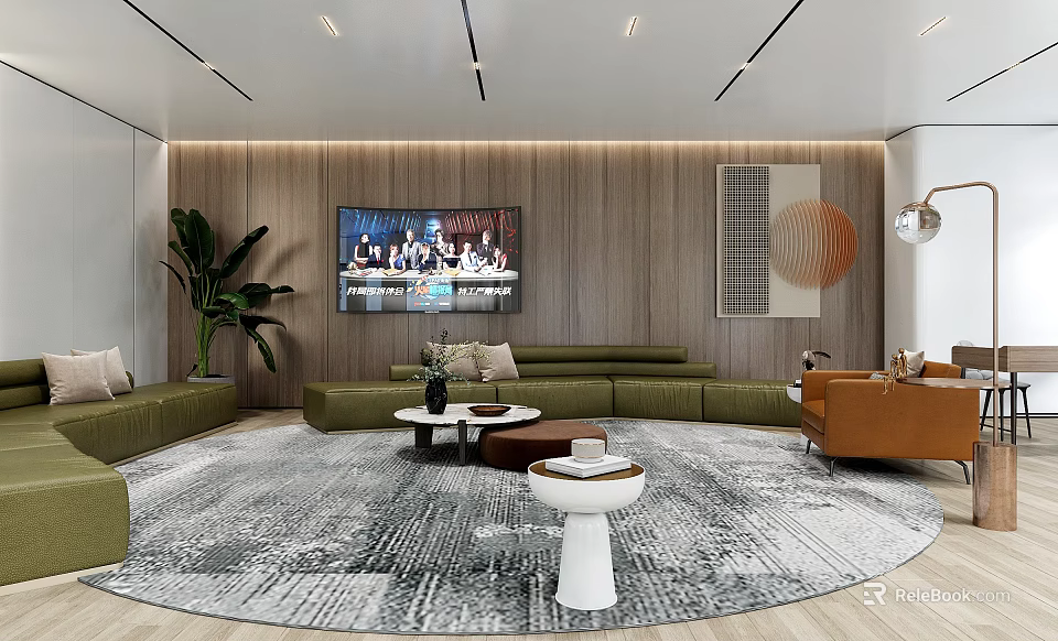 Modern Conference Room Interior With Green Sofas Orange Armchair Round Carpet And TV Screen 3d model 