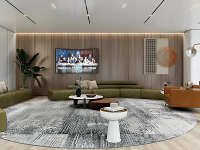 Modern Conference Room Interior With Green Sofas Orange Armchair Round Carpet And TV Screen 3d model