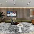 Modern Conference Room Interior With Green Sofas Orange Armchair Round Carpet And TV Screen