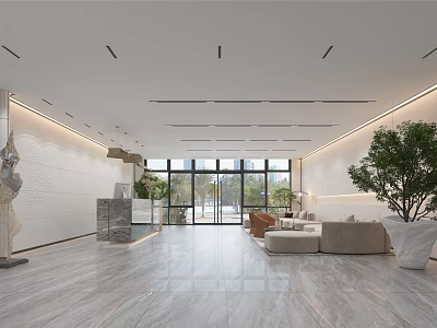 Elegant Hotel Lobby Interior Design Featuring Spacious Marble Floor Large Windows Sofa Seating And Green Plant 3d model