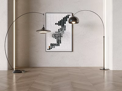 Modern Arc Floor Lamps In Minimalist Interior With Decorative Art And Herringbone Floor 3d model