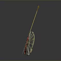 Traditional Decorative Weapon With Golden Shaft Red Tassel And Circular Metal Guard Design