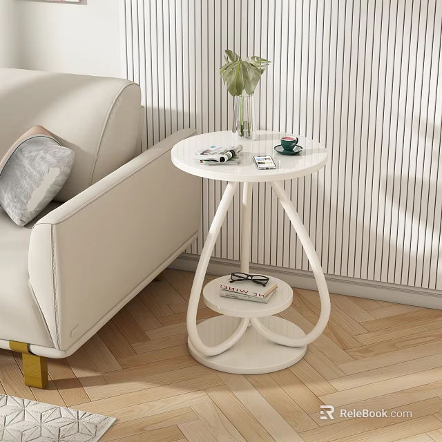 White Modern Side Table With Shelf Curved Legs Green Plant Books And Cup By Sofa 3d model 