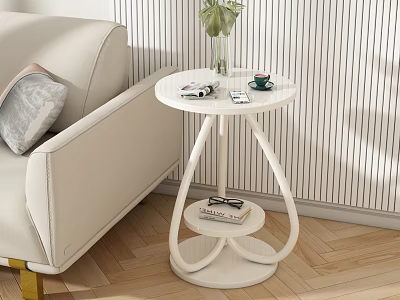 White Modern Side Table With Shelf Curved Legs Green Plant Books And Cup By Sofa 3d model