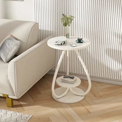 White Modern Side Table With Shelf Curved Legs Green Plant Books And Cup By Sofa 3d model