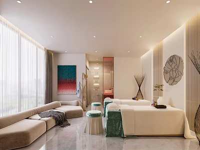 Modern SPA Sauna Interior With Massage Beds Sofa And Decorative Elements 3d model