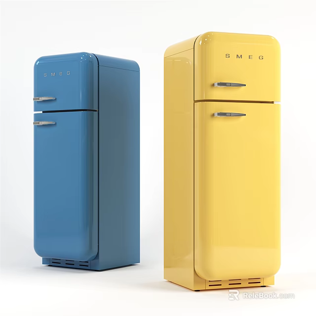Stylish Retro Blue And Yellow Vintage Refrigerators With Classic Double Door Design 3d model 