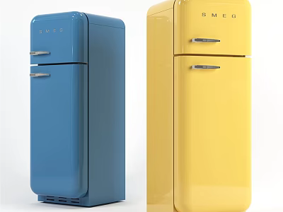 Stylish Retro Blue And Yellow Vintage Refrigerators With Classic Double Door Design 3d model
