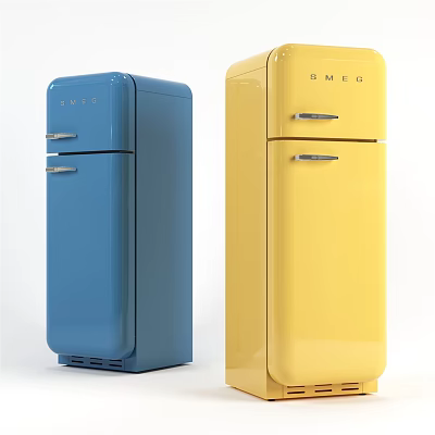 Stylish Retro Blue And Yellow Vintage Refrigerators With Classic Double Door Design 3d model
