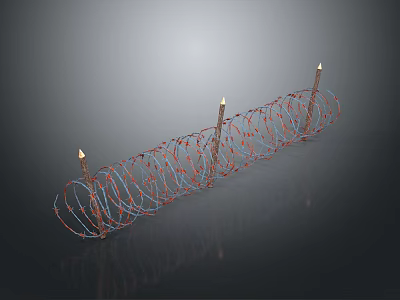 Barbed Wire Military Weapon With Burning Candles Curved Arrangement On Grey Reflective Surface 3d model