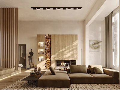 Warm Modern Living Room Interior Design With L shaped Sofa Fireplace And Wooden Accent Wall 3d model