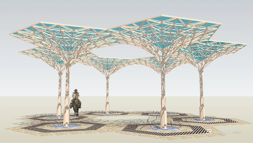 Outdoor Tensile Membrane Structure with Tree Like Supports and Blue Canopy Over Paved Ground 3d model 