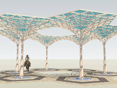 Outdoor Tensile Membrane Structure with Tree Like Supports and Blue Canopy Over Paved Ground 3d model