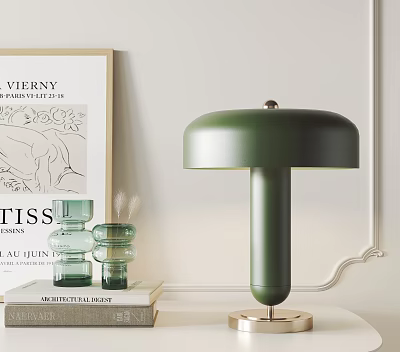 Green Modern Minimalist Table Lamp With Gold Base On Table With Books And Decor 3d model