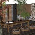 Serene Courtyard Garden With Wooden Long Table Chairs White Cushions Red Maple Bamboo Stone Wall