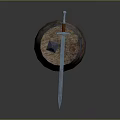 Medieval Sword With Sharp Blade Resting On Wooden Barrel With Bloodstains And Lantern