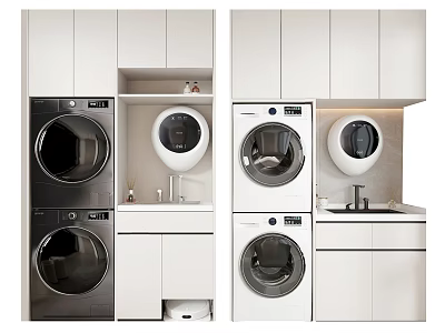 Modern Washing Machine Interior Design With White Cabinets Dryer And Sink 3d model