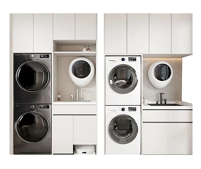 Modern Washing Machine Interior Design With White Cabinets Dryer And Sink 3d model
