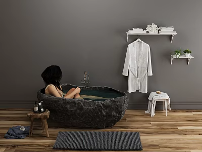 Dark Stone Freestanding Bathtub With Bathrobe On Rack Plants Stool And Wooden Floor Rug 3d model