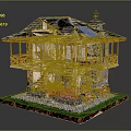 Two Story Stone Building With Wooden Balcony Gray Roof Solar Panel Weather Vane And Green Lawn