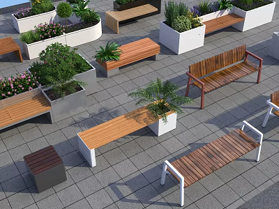 Modern Outdoor Benches With Green Plants And Planters In Paved Area 3d model