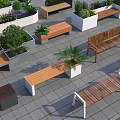 Modern Outdoor Benches With Green Plants And Planters In Paved Area