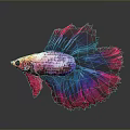 Vibrant Colorful Betta Fish With Flowy Red And Blue Tail And Reflection On Dark Background