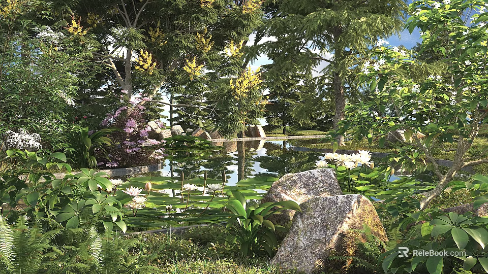 Tranquil Garden Pond Landscape With Water Lilies Lily Pads Rocks And Trees 3d model 