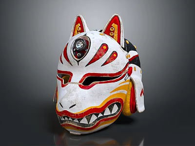 Traditional White Fox Mask With Red Yellow Patterns Pointed Ears And Sharp Teeth 3d model