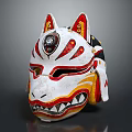 Traditional White Fox Mask With Red Yellow Patterns Pointed Ears And Sharp Teeth 3d model
