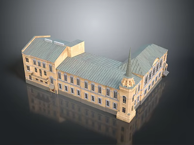 Cartoon Scene With Whimsical Building Featuring Green Roof And Yellow Walls 3d model