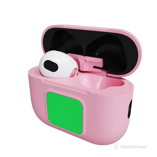 Pink Wireless Earbud Charging Case With White Headphone And Green Square Panel 3d model 