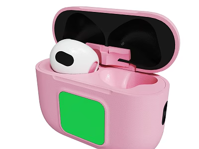 Pink Wireless Earbud Charging Case With White Headphone And Green Square Panel 3d model
