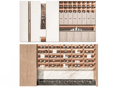 Modern Wooden Curio Cabinet With Open Layered Shelves And Decorative Ornaments 3d model